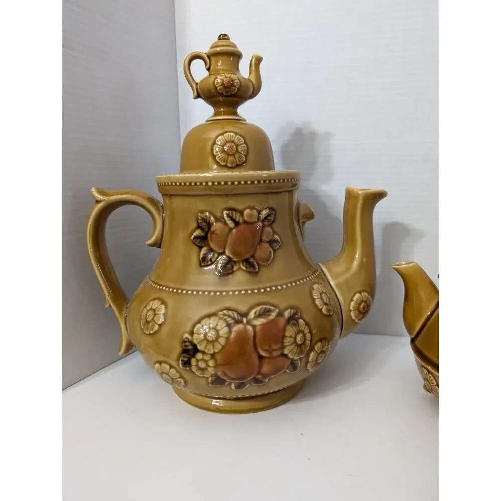 VINTAGE 1950s APCO JAPAN MCM LARGE AND SMALL TEAPOT Tan Ceramic